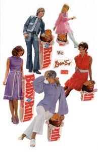 A collage of women, cut out from catalogs or magazines, standing next to giant baby ruth candy bars