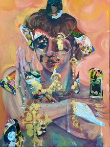 Abstracted painting of a woman holding a rosary with golden symbols overlaying the image