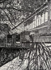 Black and white sketch of tree branches above vivisected brick structures and the roots below.
