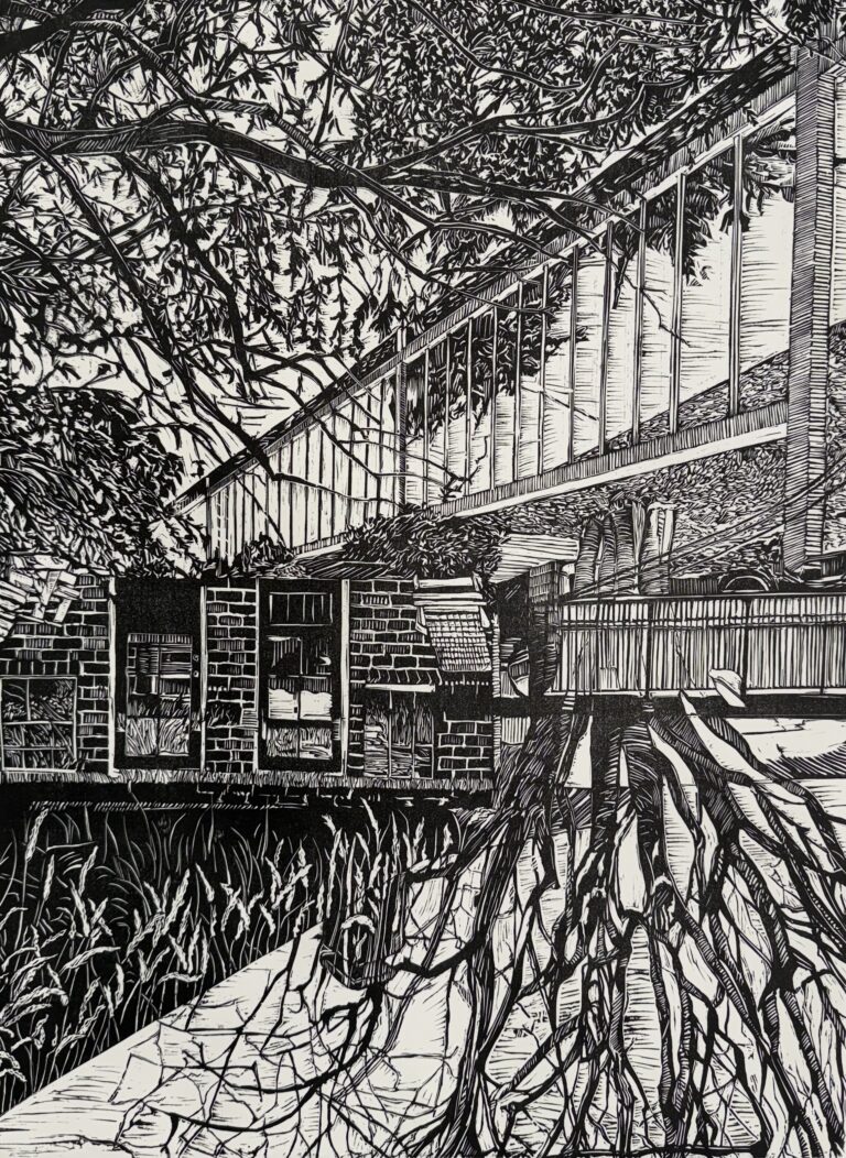 Black and white sketch of tree branches above vivisected brick structures and the roots below.