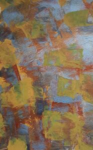 Abstract color shapes in red and orange across a light blue background