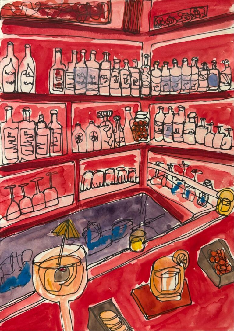 drawing of a bar with bottles lining shelves against a bright red background and blue floor