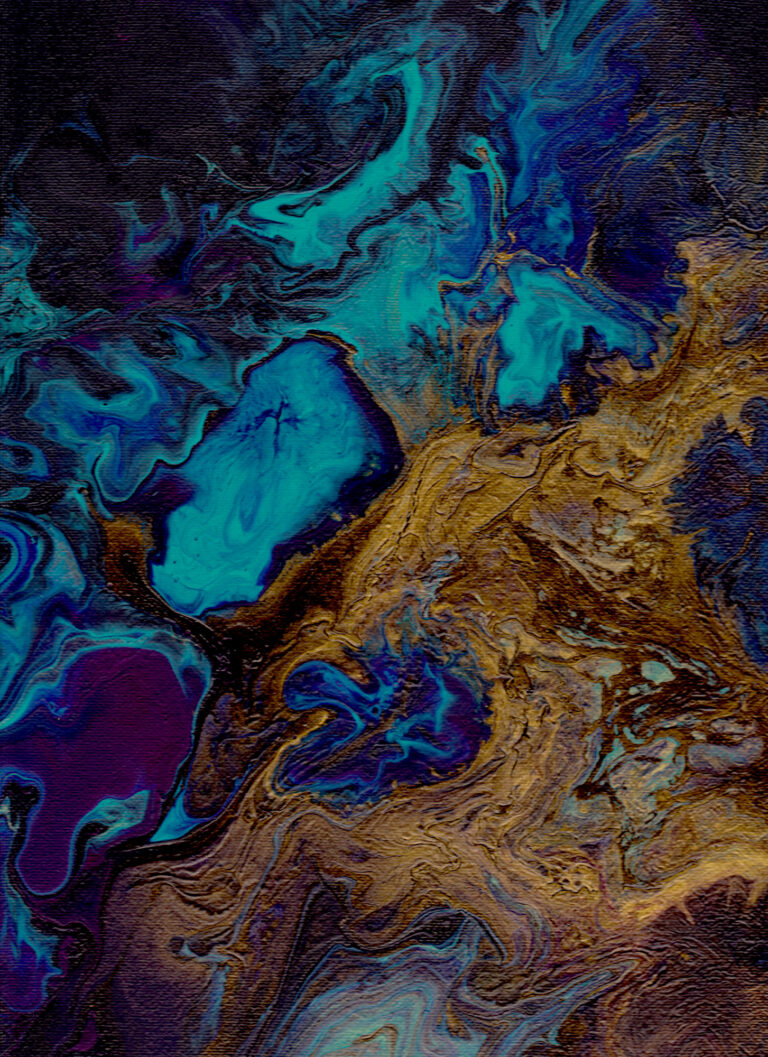 abstracted brown and blue colors bleed across a dark background