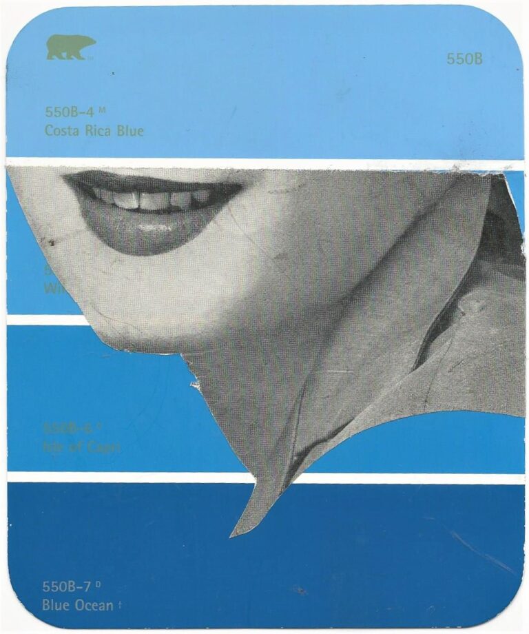 A collage of color palettes (Costa Rica Blue, Blue Ocean, etc.) with the bottom half of a smiling face cut out of a vintage photograph.