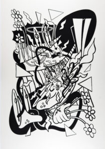 A chaotic cacophony of rubber hose cartoon arms, flowers, and longboards.