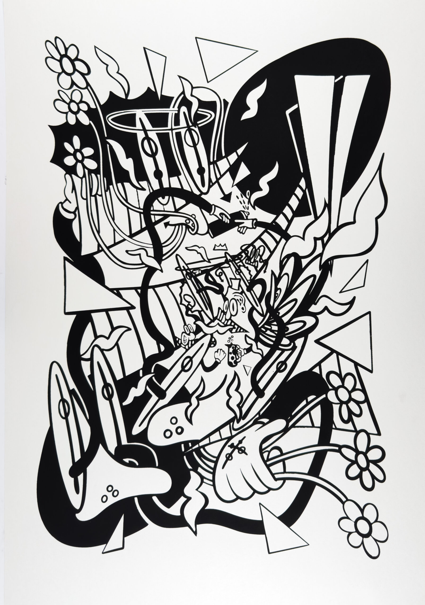 A chaotic cacophony of rubber hose cartoon arms, flowers, and longboards.