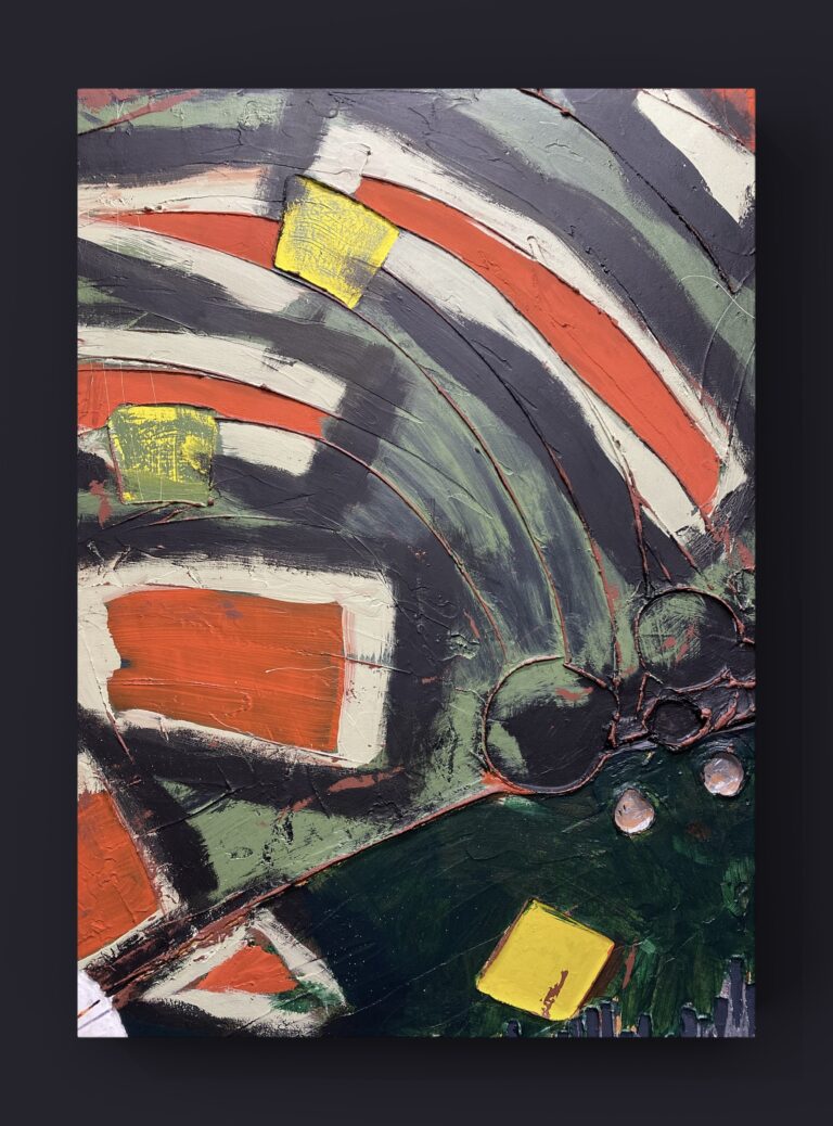 Abstracted painted orange rectangles on a black field