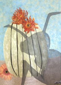 two orange flowers in a vase with a shadow of an insect cast over the scene