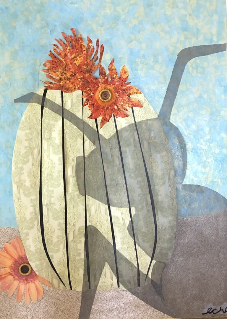 two orange flowers in a vase with a shadow of an insect cast over the scene