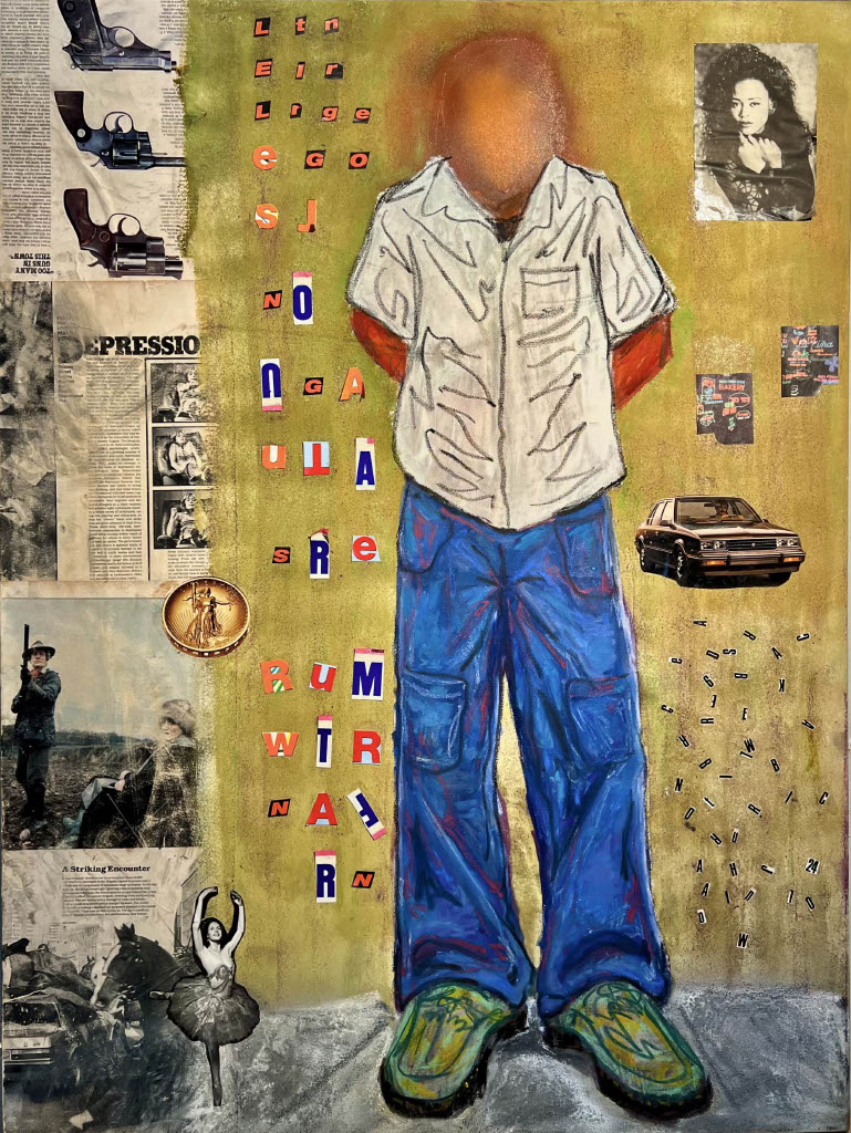 A figure stands in front of a wall with news clippings adorning it, their face is blurred.